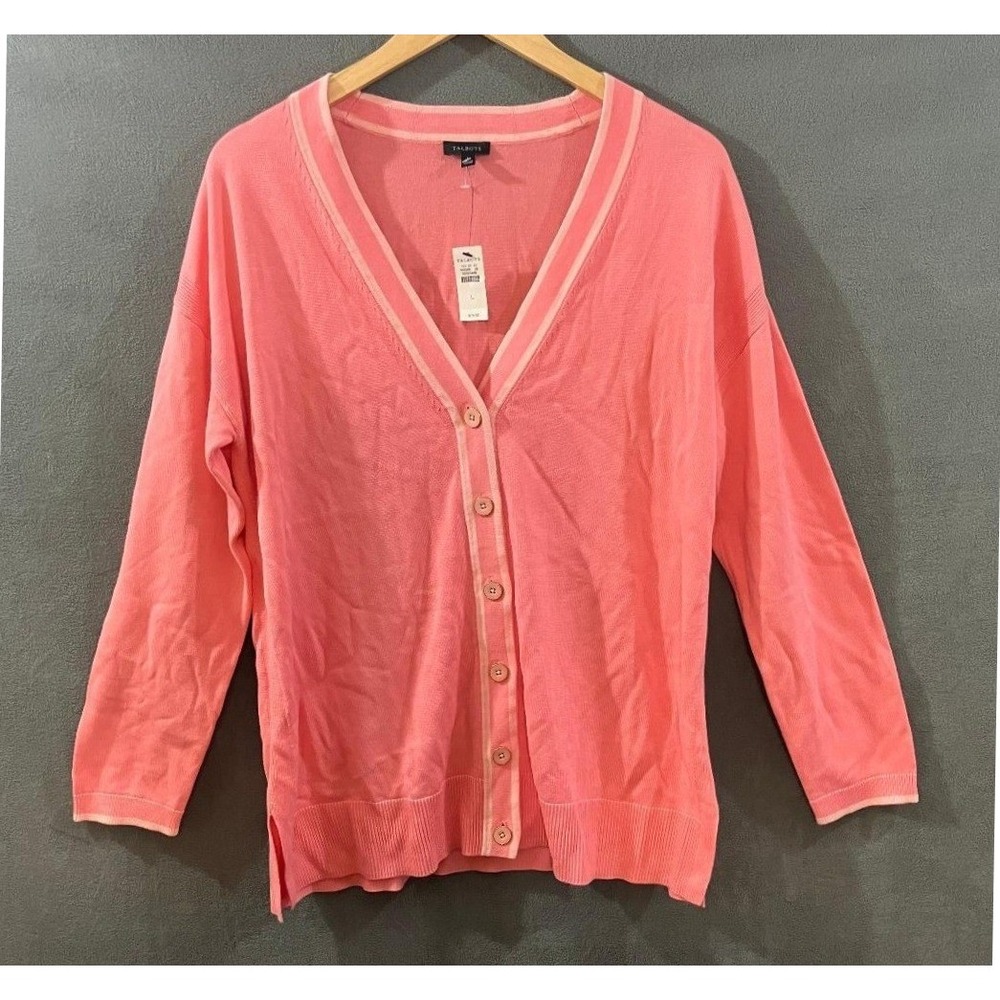 Talbots V-Neck Cardigan Striped Trim Coral Pink Casual Office Large NWT